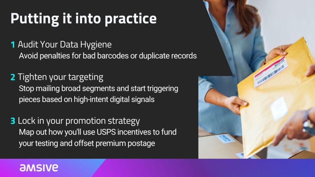 Graphic titled Putting it into practice with three steps: audit your data hygiene, tighten your targeting, and lock in your promotion strategy, alongside an image of hands handling a large envelope, suggesting direct mail execution and optimization.