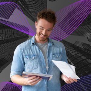 Man smiling while looking at mail in his hands, standing in front of an abstract black wireframe background with flowing purple lines
