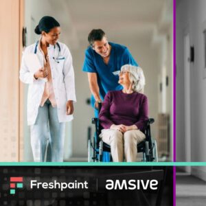Healthcare professionals walk alongside an older adult seated in a wheelchair through a medical facility hallway, smiling and conversing. The image includes Amsive and Freshpaint branding, suggesting a focus on healthcare experience and patient engagement.
