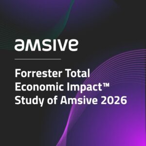 Promotional graphic featuring the Amsive logo and the title Forrester Total Economic Impact™ Study of Amsive 2026 on a dark background with purple wave graphics and gradient accents.