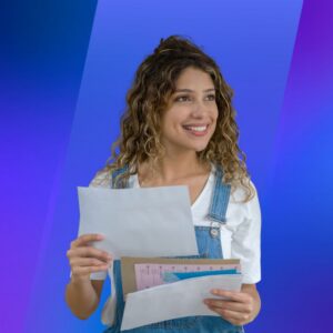A smiling woman in overalls holds several envelopes and mail pieces against a blue and purple gradient background.