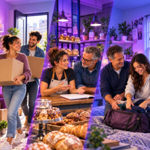 Three-panel image showing life transitions and consumer needs: a couple carrying moving boxes into a home, two bakery owners reviewing plans at a counter, and a father helping his daughter pack a suitcase, all set in warmly lit interiors with purple and blue tones.